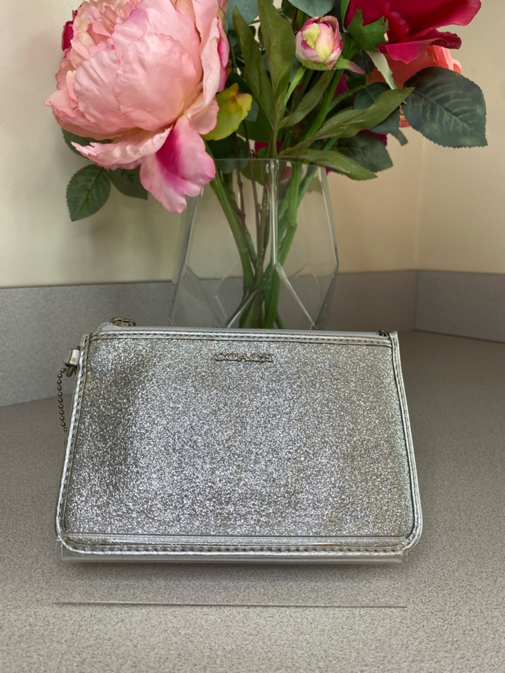 Coach Silver Metallic Glitter Zip Wristlet
